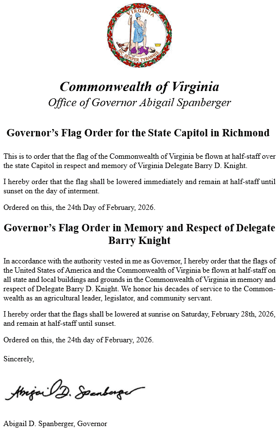 Virginia Half Staff Notice for 022826 Virginia Half Staff Notice for 022826