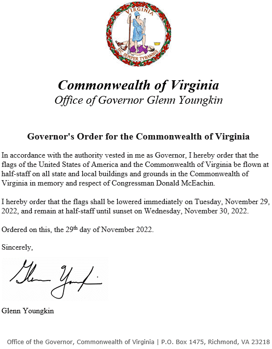 Gov. Youngkin orders flags to be flown at half-staff until Oct. 30